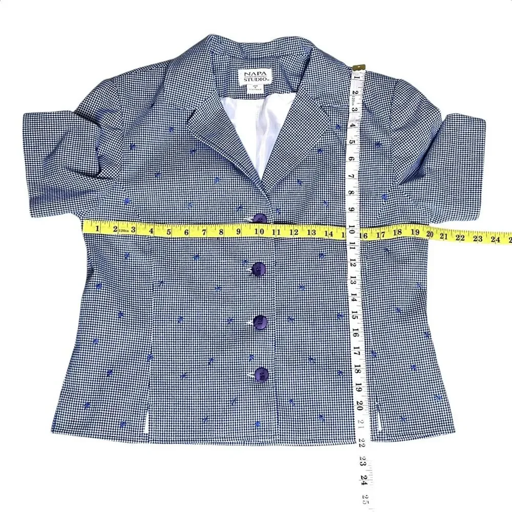 Napa Studio Button Jacket Size 12 Blue Check Embroidered Accents Lined 90s Vtg - Picture 8 of 10